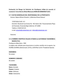 Evaluación De Riesgo De Extinción De Pocillopora Inflata De Acuerdo Al Numeral 5.7 De La Norma Oficial Mexicana NOM-059-SEMARNAT-2010