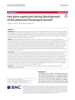 Hox Gene Expression During Development of the Phoronid Phoronopsis Harmeri Ludwik Gąsiorowski1,2 and Andreas Hejnol1,2*