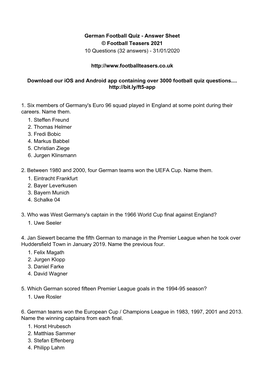 German Football Quiz - Answer Sheet © Football Teasers 2021 10 Questions (32 Answers) - 31/01/2020