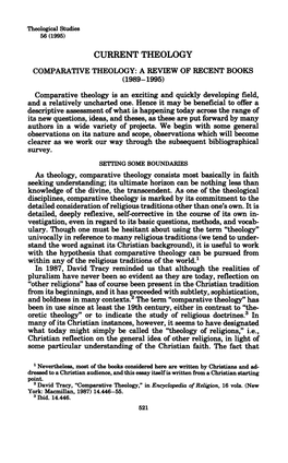 COMPARATIVE THEOLOGY: a REVIEW of RECENT BOOKS (1989-1995) Comparative Theology Is an Exciting and Quickly Developing Field, and a Relatively Uncharted One