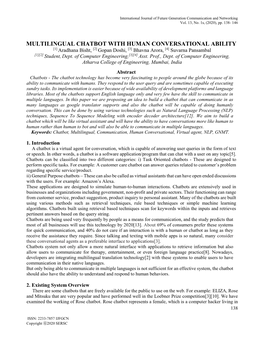 MULTILINGUAL CHATBOT with HUMAN CONVERSATIONAL ABILITY [1] Aradhana Bisht, [2] Gopan Doshi, [3] Bhavna Arora, [4] Suvarna Pansambal [1][2] Student, Dept