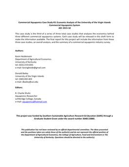 Commercial Aquaponics Case Study #3: Economic Analysis of the University of the Virgin Islands Commercial Aquaponics System AEC 2015-18