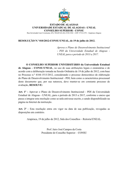 Plano De Desenvolvimento Institucional - PDI Da Universidade Estadual De Alagoas - UNEAL Para O Período De 2013 a 2017