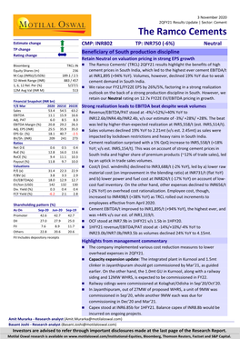 The Ramco Cements Estimate Change CMP: INR802 TP: INR750 (-6%) Neutral