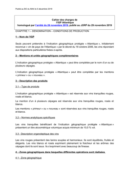 Cahier Des Charges De L’IGP Atlantique Homologué Par L’Arrêté Du 26 Novembre 2019, Publié Au JORF Du 29 Novembre 2019