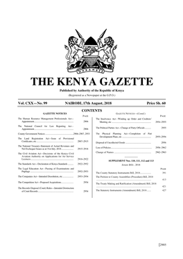 THE KENYA GAZETTE Published by Authority of the Republic of Kenya (Registered As a Newspaper at the G.P.O.)