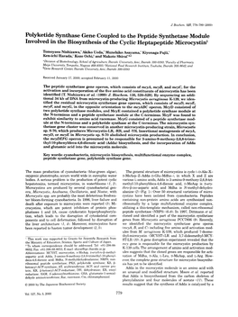 Polyketide Synthase Gene Coupled to the Peptide Synthetase Module Involved in the Biosynthesis of the Cyclic Heptapeptide Microcystinl