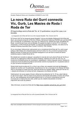 La Nova Ruta Del Gurri Connecta Vic, Gurb, Les Masies De Roda I Roda De Ter El Traçat Enllaça Amb La Ruta Del Ter, Té 12 Quilòmetres I Es Pot Fer a Peu O En Bicicleta