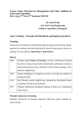 Post-Harvest Management and Value Addition of Fruits and Vegetables B.Sc