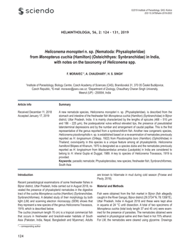 From Monopterus Cuchia (Hamilton) (Osteichthyes: Synbranchidae) in India, with Notes on the Taxonomy of Heliconema Spp