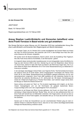 Anzug Stephan Luethi-Brüderlin Und Konsorten Betreffend «Eine Anne Frank-Terrasse in Basel Würde Uns Gut Anstehen»