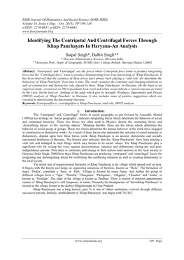 Identifying the Centripetal and Centrifugal Forces Through Khap Panchayats in Haryana-An Analysis