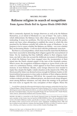 Balinese Religion in Search of Recognition from Agama Hindu Bali to Agama Hindu (1945-1965)