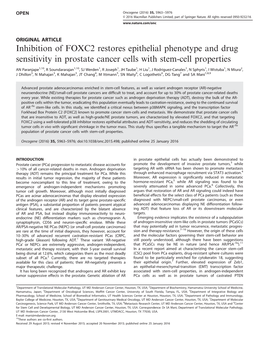 Inhibition of FOXC2 Restores Epithelial Phenotype and Drug Sensitivity in Prostate Cancer Cells with Stem-Cell Properties