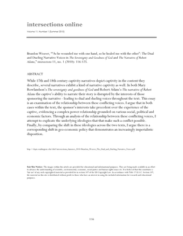 The Dual and Dueling Narrative Voices in the Sovereignty and Goodness of God and the Narrative of Robert Adams,” Intersections 11, No