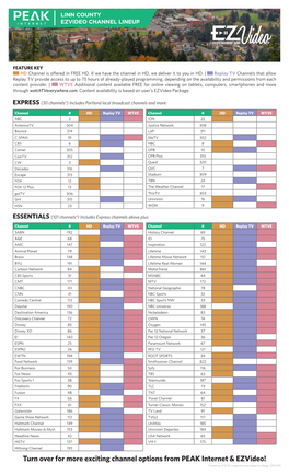 Turn Over for More Exciting Channel Options from PEAK Internet & Ezvideo! *Current As of 12/19