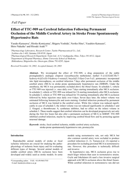 Effect of TTC-909 on Cerebral Infarction Following Permanent Occlusion of the Middle Cerebral Artery in Stroke Prone Spontaneously Hypertensive Rats