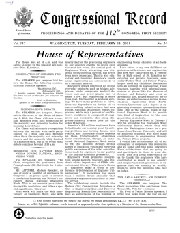 Congressional Record United States Th of America PROCEEDINGS and DEBATES of the 112 CONGRESS, FIRST SESSION