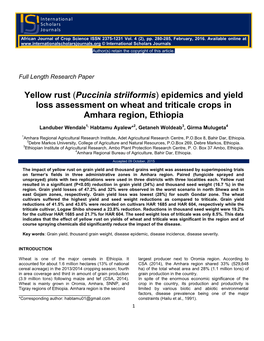 Yellow Rust (Puccinia Striiformis) Epidemics and Yield Loss Assessment on Wheat and Triticale Crops in Amhara Region, Ethiopia