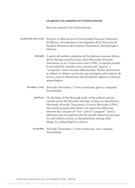 Wars and Conquests in the Crónica Mexicana Doctora En Historia Por La Universidad Nacional Autónoma De México. Actualmente Es