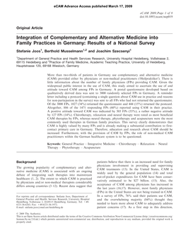 Integration of Complementary and Alternative Medicine Into Family Practices in Germany: Results of a National Survey