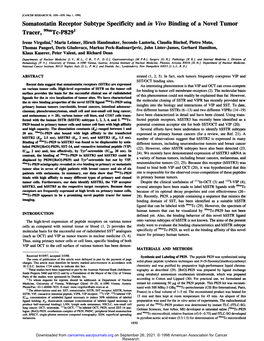 Somatostatin Receptor Subtype Specificity and in Vivo Binding of a Novel Tumor Tracer, 99Mtc-P8291