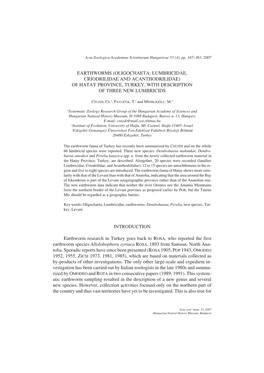 Earthworms (Oligochaeta: Lumbricidae, Criodrilidae and Acanthodrilidae) of Hatay Province, Turkey, with Description of Three New Lumbricids