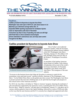 Cadillac President De Nysschen to Keynote Auto Show Washington Reps Mark Open of 2015 U.S