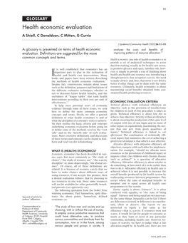 Health Economic Evaluation a Shiell, C Donaldson, C Mitton, G Currie