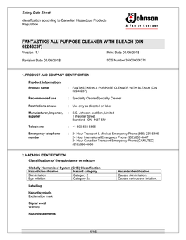 FANTASTIK® ALL PURPOSE CLEANER with BLEACH (DIN 02248237) Version 1.1 Print Date 01/09/2018