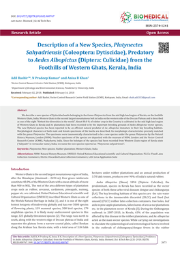 (Coleoptera: Dytiscidae), Predatory to Aedes Albopictus (Diptera: Culicidae) from the Foothills of Western Ghats, Kerala, India