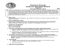 Ventura County Cultural Heritage Board Agenda Ju 23 2012 Notice Is Hereby Given That on Monday, July 23, 2012; the Cultural Heritage Board Will Convene at 10:30A.M