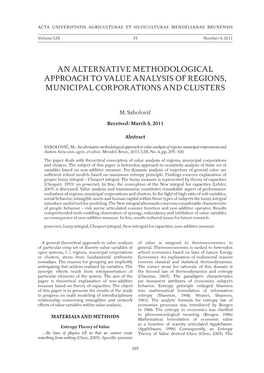 An Alternative Methodological Approach to Value Analysis of Regions, Municipal Corporations and Clusters