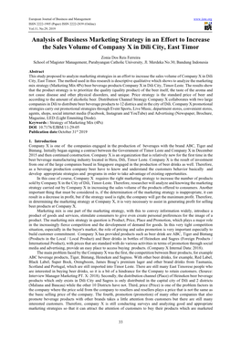 Analysis of Business Marketing Strategy in an Effort to Increase the Sales Volume of Company X in Dili City, East Timor