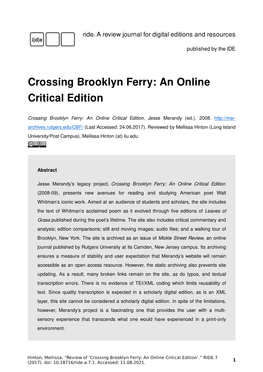 Crossing Brooklyn Ferry: an Online Critical Edition