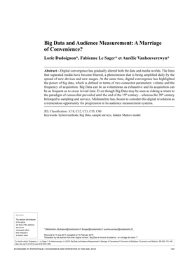 Big Data and Audience Measurement: a Marriage of Convenience? Lorie Dudoignon*, Fabienne Le Sager* Et Aurélie Vanheuverzwyn*