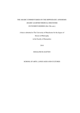 THE ARABIC COMMENTARIES on the HIPPOCRATIC APHORISMS: ARABIC LEARNED MEDICAL DISCOURSE on WOMEN's BODIES (9Th-15Th Cent.)