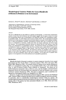 Morphological Variation Within the Genus Blandfordia (Liliaceae) in Relation to Its Environment