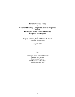 Historic Context Study of Waterfowl Hunting Camps and Related Properties Within Assateague Island National Seashore, Maryland and Virginia