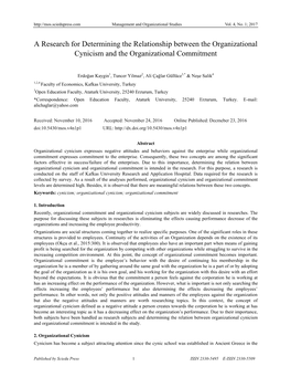 A Research for Determining the Relationship Between the Organizational Cynicism and the Organizational Commitment