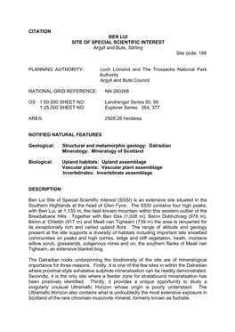 CITATION BEN LUI SITE of SPECIAL SCIENTIFIC INTEREST Argyll and Bute, Stirling Site Code: 188