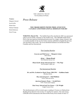 THE C$80,000 GRIFFIN POETRY PRIZE ANNOUNCES CANADIAN and INTERNATIONAL SHORTLIST for 2003 Robin Robertson David Young