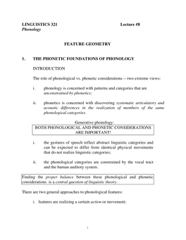 LINGUISTICS 321 Lecture #8 Phonology FEATURE GEOMETRY