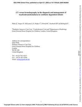 CT Versus Bronchography in the Diagnosis and Management of Tracheobronchomalacia in Ventilator Dependent Infants