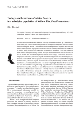 Ecology and Behaviour of Winter Floaters in a Subalpine Population of Willow Tits, Poecile Montanus