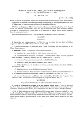 The State Bank of Sikkim (Acquisition of Shares) and Miscellaneous Provisions Act, 1982 Act No