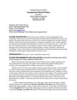 Political Science 190.607 Comparative Racial Politics Fall 2011 Johns Hopkins University Tuesdays 1-2:50Pm Mergenthaler 366