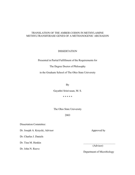 Translation of the Amber Codon in Methylamine Methyltransferase Genes of a Methanogenic Archaeon