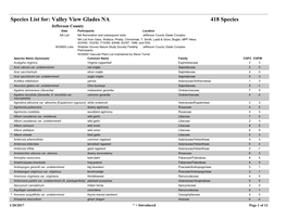 Species List For: Valley View Glades NA 418 Species