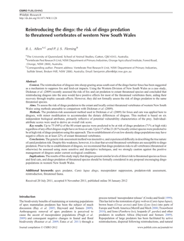 Reintroducing the Dingo: the Risk of Dingo Predation to Threatened Vertebrates of Western New South Wales